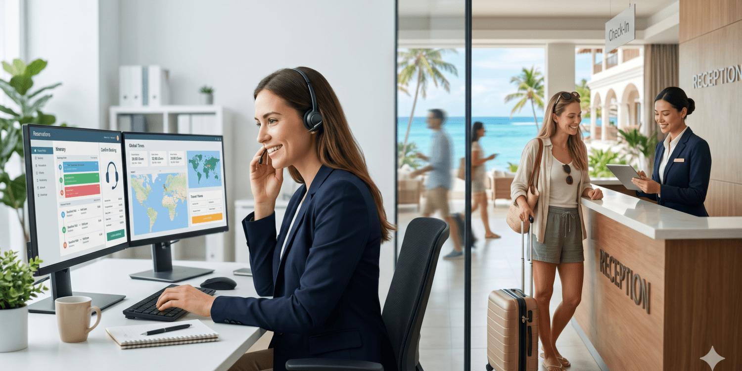 A split-screen visual showing a professional female virtual assistant with a headset managing travel itineraries on dual monitors in a clean office, next to a smiling traveler checking into a tropical beach resort reception desk.