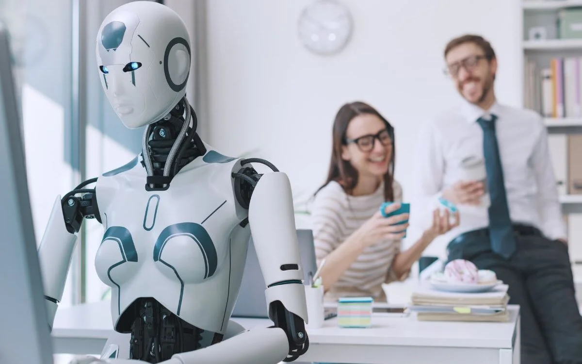 AI robot interacting with digital data, symbolizing intelligent agent technology